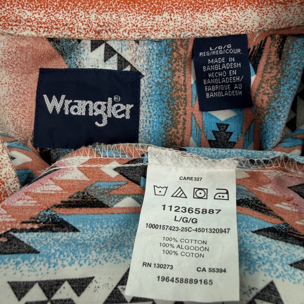 Wrangler Mens Aztec Southwestern Pearl Snap Checotah Western Shirt Orange Blue - Picture 3 of 6